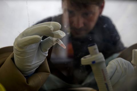 A scientist separates blood cells from plasma cells to isolate any Ebola RNA and test for the virus April 3, 2014, at the European Mobile Laboratory in Gueckedou, Guinea.