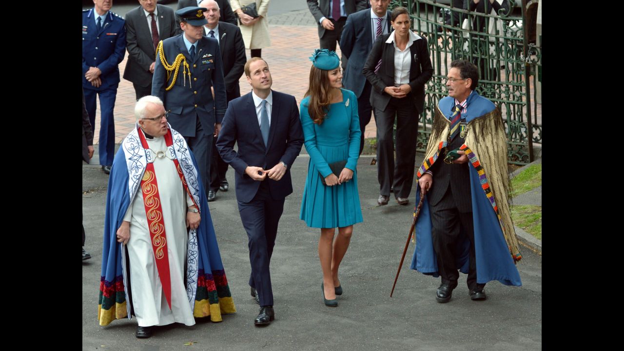 William and Catherine walk with the dean of St. Paul's Cathedral, the Very Rev. Trevor James, left, and Ngai Tahu representative John Broughton after arriving for a Palm Sunday service at the cathedral in Dunedin, New Zealand, on April 13.