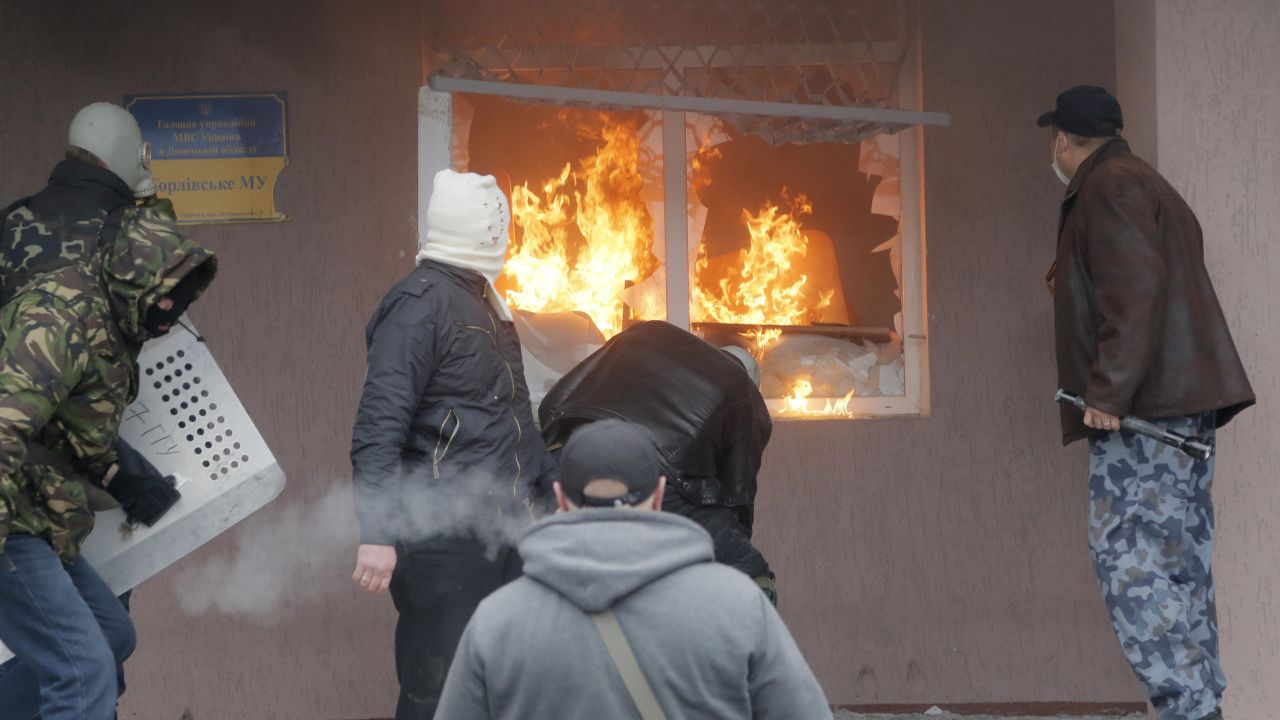The Horlivka police station burns on April 14.