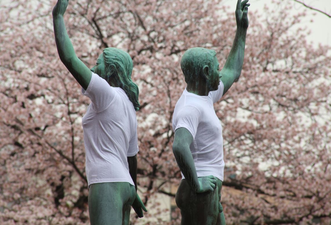 Unable to sell his racy T-shirts, Kitagawa got his start in public art 17 years ago when he dressed naked sculptures in white tees. 