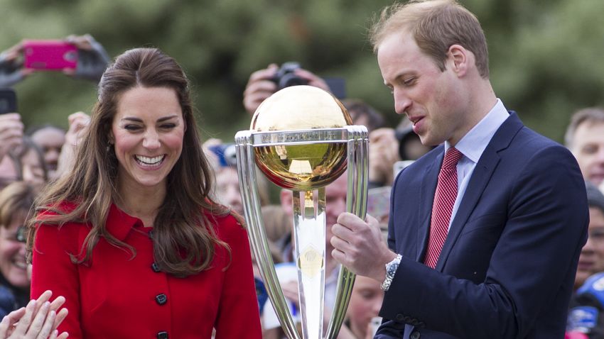 Catherine, Duchess of Cambridge and Prince William Duke of Cambridge with the Cricket World Cup in Latimer Square Gardens on April 14, 2014 in Christchurch, New Zealand.