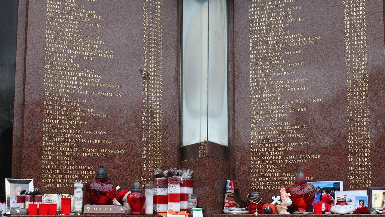 Floral tributes are laid in memory of the victims of the Hillsborough disaster at Anfield Stadium, Liverpool.