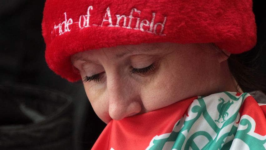 A Liverpool supporter takes part in the the Hillsborough memorial at Anfield on April 15, 2009, Liverpool, England. Thousands of fans, friends and relatives descended on Liverpool's Anfield Stadium to mark the 20th anniversary of the Hillsborough disaster. A total of 96 Liverpool supporters lost their lives during a crush at an FA Cup semi final against Nottingham Forest at the Hillsborough football ground in Sheffield, South Yorkshire in 1989. (Photo by Christopher Furlong/Getty Images