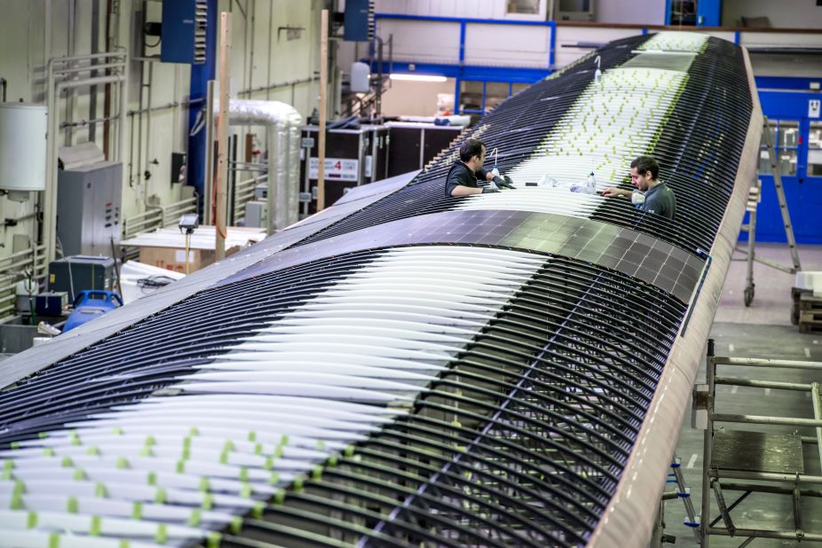 The top surface of the Solar Impulse 2's wings is covered with 17,000 solar cells that supply four electric motors with renewable energy. Its batteries can store enough solar daytime energy to keep the plane moving throughout the night.