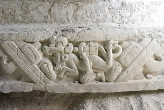The Popol Vuh stucco sculpture at El Mirador in Guatemala, shown here, is one of the earliest depictions of the Maya creation story, called the Popol Vuh. 
