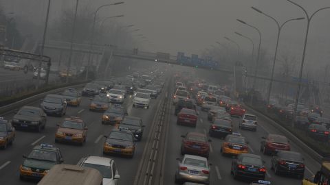 Air pollution reaches new heights on Beijing's second ring road in February 2014.