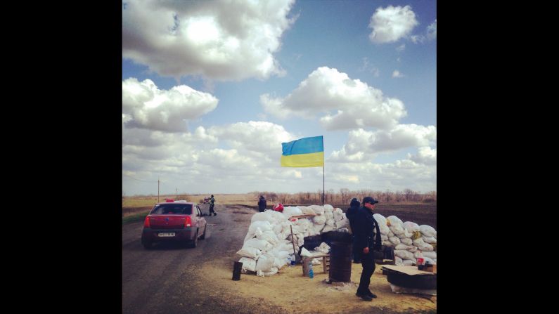 EASTERN UKRAINE:  "Ukrainian Police checkpoint north of Donetsk.  A rare sight these days in Eastern Ukraine." - CNN's Christian Streib, April 15.  Follow Christian on Instagram at <a href="https://trans.hiragana.jp/ruby/http://instagram.com/christianstreibcnn" target="_blank" target="_blank">instagram.com/christianstreibcnn</a>.