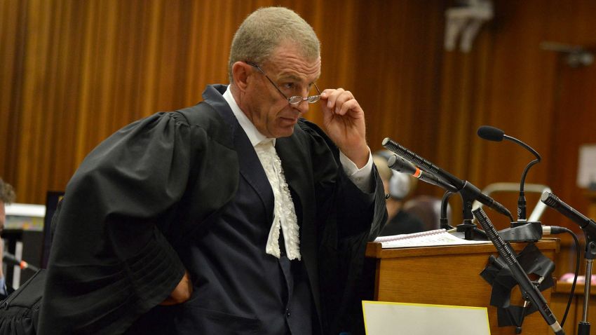 State prosecutor Gerrie Nel questions Oscar Pistorius during cross examination in the Pretoria High Court on April 14, 2014, in Pretoria, South Africa.