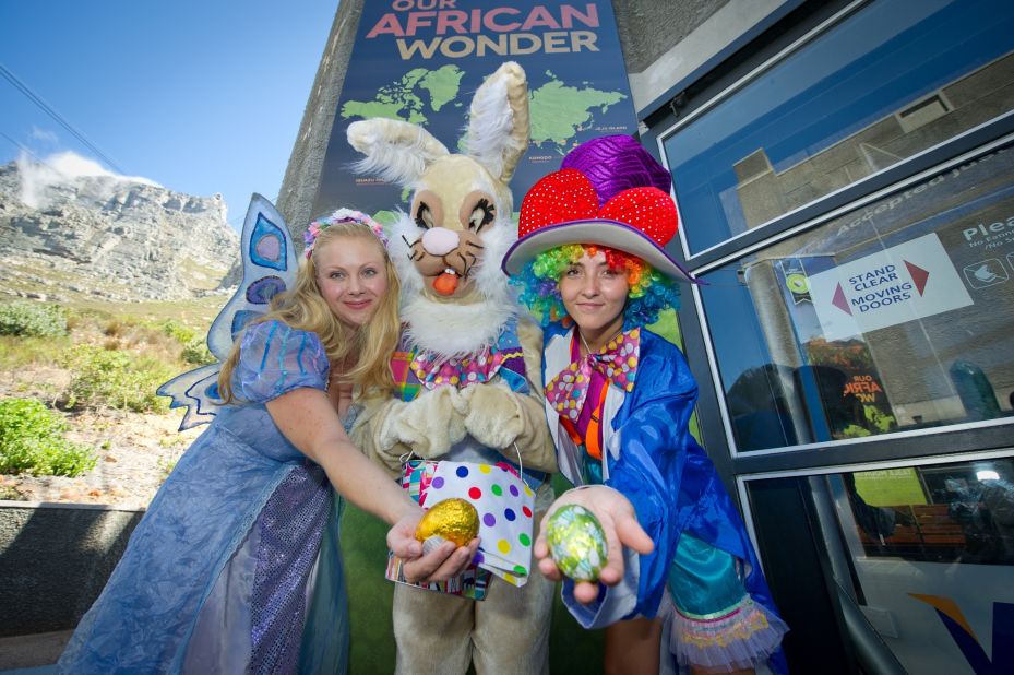 The Easter Fairy, Mad Hatter and the Easter Bunny carrying a basket of chocolate eggs lead the way on this high altitude egg hunt on top of Cape Town's Table Mountain. 