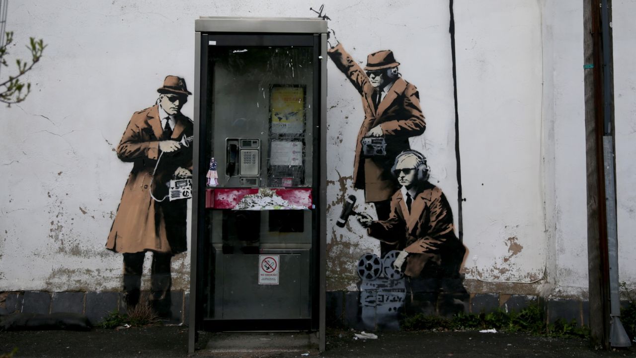  The latest street art attributed to Banksy. on the side of a house in Cheltenham on April 14, 2014 in England.