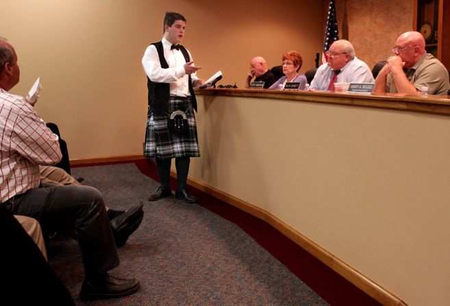 <a href="http://www.stltoday.com/news/local/metro/granite-city-student-can-t-wear-kilt-to-prom/article_8fd1bab1-5fc2-5716-be62-15838936758e.html" target="_blank" target="_blank">William Carruba</a> asked his school board on March 27, 2012, why he wasn't allowed to wear a kilt made of his family's Scottish-heritage tartan to the Granite City High School prom in Illinois, across the Mississippi River from St. Louis, Missouri. He was denied again: The kilt was called "nontraditional" by officials, who said it didn't fit into the district's dress code.