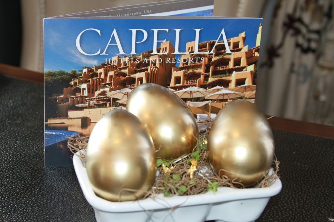 The Capella Washington, D.C. hotel posts pictures of golden eggs hidden around the city on its social media sites. After finding the eggs, egg hunters call the number in the egg to claim a prize.