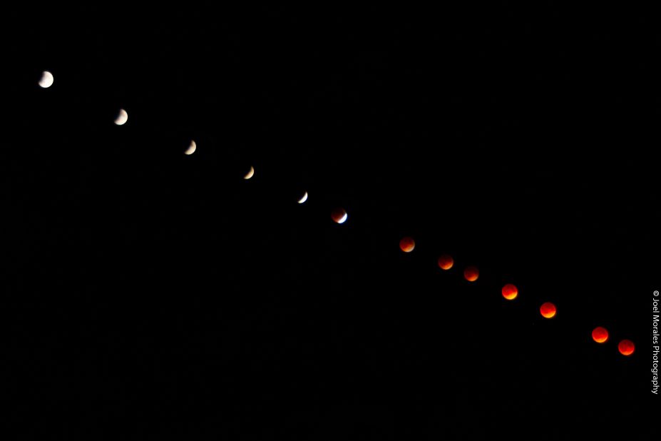 <a href="http://ireport.cnn.com/docs/DOC-1121025">Joel Morales</a> says he superimposed 100 separate images to create this progression photo of the blood moon over Dundedin, Florida, in April.