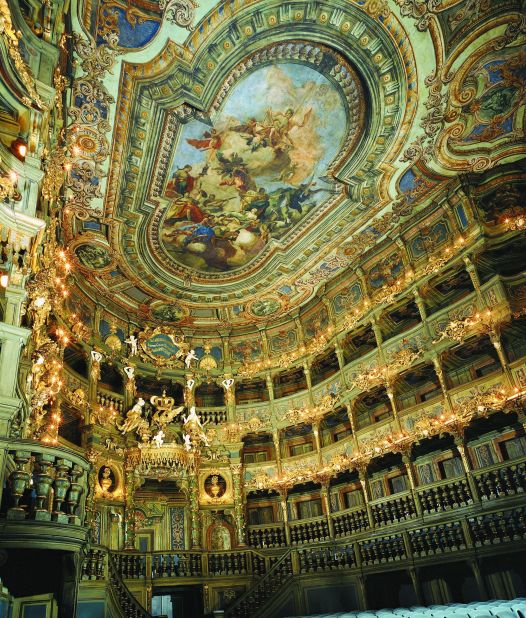 The UNESCO-listed opera house in Bayreuth, Germany, retains much original material, including vast expanses of painted canvas and wood and twin wooden staircases.