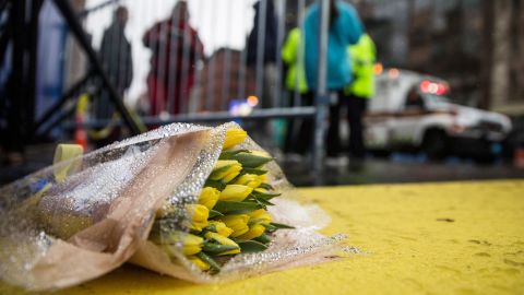 Flowers lie on the finish line of the Boston Marathon. The annual race will take place next Monday, April 21.
