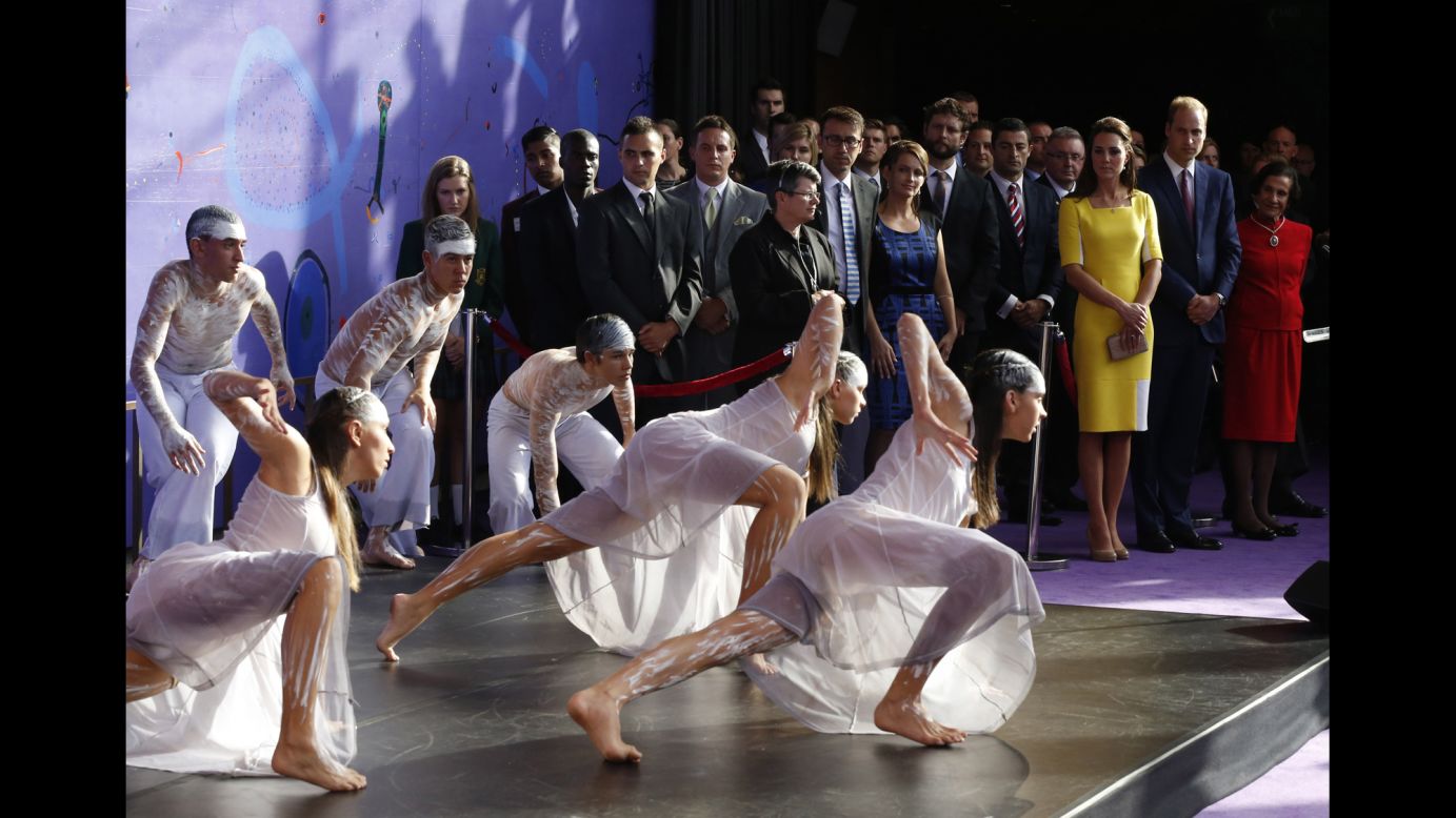 William and Catherine watch an Aboriginal welcome performance at the Sydney Opera House on April 16.