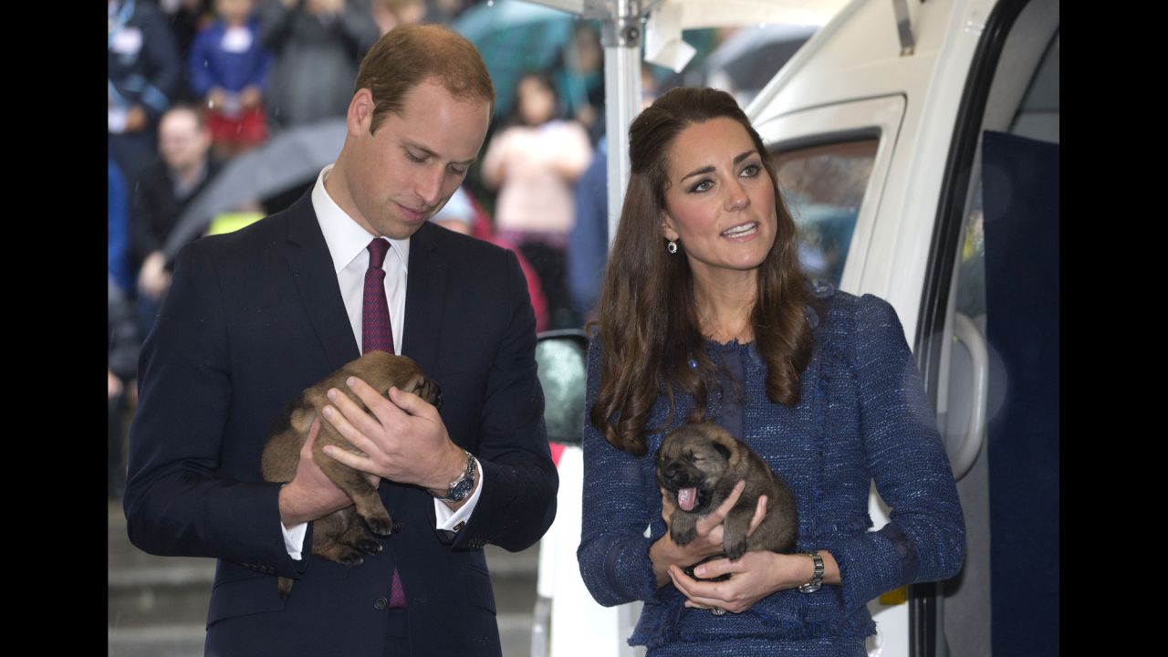 The royal couple hold puppies during a visit to the Royal New Zealand Police College in Wellington, New Zealand, on April 16.
