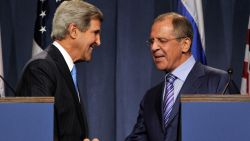  John Kerry (L) and Russian Foreign Minister Sergey Lavrov shake hands as they speak to the press at the Hotel Intercontinental on September 12, 2013 in Geneva, Switzerland.