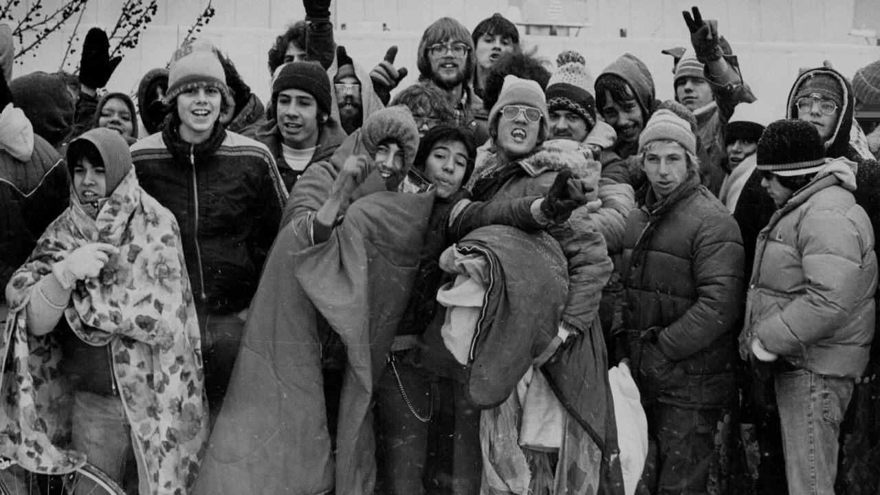 Devoted fans wait in the cold and snow to buy tickets for AC/DC's Denver show in 1982.