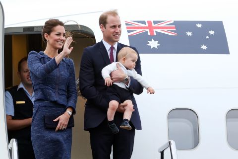 The royal family waves to a crowd before boarding a plane in Wellington, New Zealand, in April 2014. They went on a three-week tour of Australia and New Zealand.