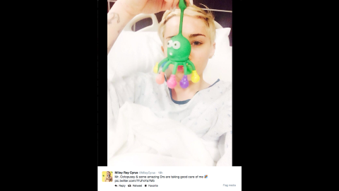 Also in April 2014, Cyrus was hospitalized for a <a href="http://www.cnn.com/2014/04/15/showbiz/miley-cyrus-hospitalized/index.html">"severe" allergic reaction to antibiotics</a> and had to cancel some dates. "Kansas I promise Im as (heartbroken) as you are," the singer wrote. "I wanted so badly 2 b there 2night. Not being with yall makes me feel s**ttier than I already do."