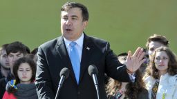 Former Georgian President Mikheil Saakashvili delivers a speech during a convention of Batkivshchyna ('Fatherland') party in Kiev on March 29, 2014.