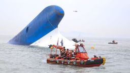 In this handout provided by Donga Daily, The Republic of Korea Coast Guard work at the site of ferry sinking accident off the coast of Jindo Island on April 16, 2014 in Jindo-gun, South Korea.