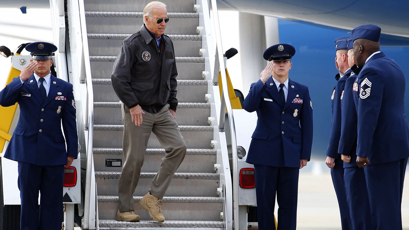 Biden steps down from Air Force Two at McGuire Air Force Base in New Jersey in November 2012.