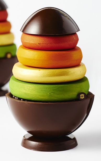 François Perret, the head pastry chef at the Shangri-La Paris, created his "toy egg" using Carupano 70% dark chocolate. Perret says he drew inspiration from "a fun and colorful toy that I loved as a child." The various layers can be unstacked and re-ordered before being gobbled up. 