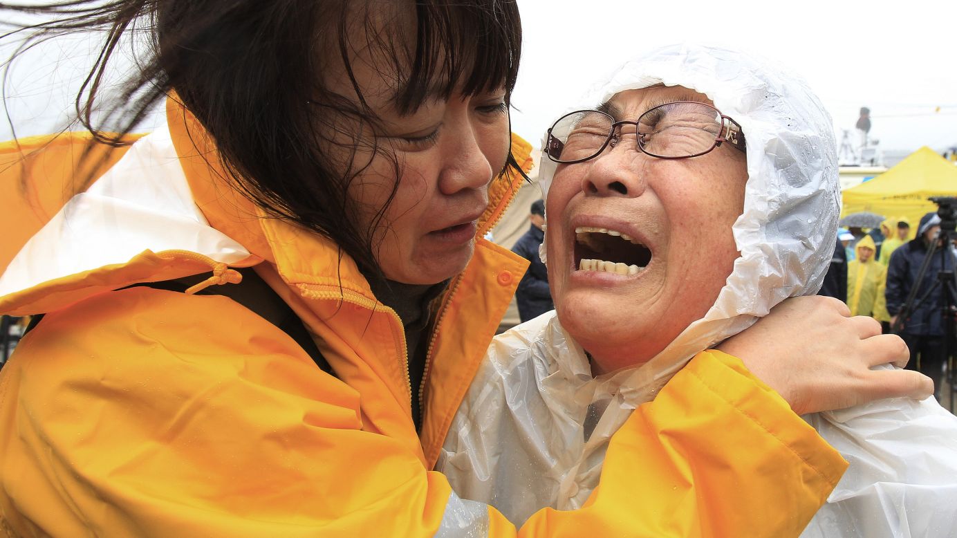 Relatives of a passenger cry at a port in Jindo on April 17 as they wait for news on the rescue operation.