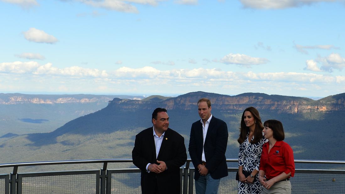 The royal couple tour the Three Sisters rock formation near Katoomba flanked by Randall Walker, chief executive officer of Blue Mountains Lithgow and Oberon Tourism, left, and Anthea Hammon, joint managing director of Scenic World.