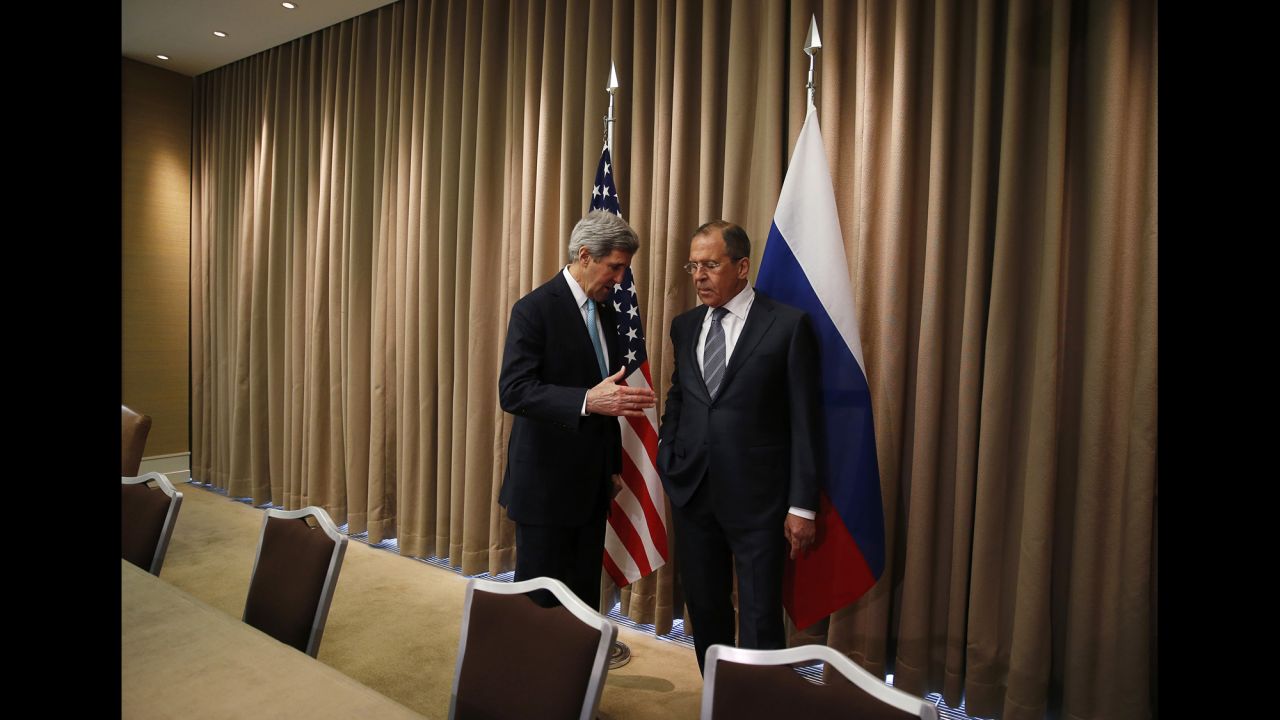 U.S. Secretary of State John Kerry reaches out to shake hands with Russian Foreign Minister Sergey Lavrov at the start of a bilateral meeting to discuss the ongoing situation in Ukraine. The meeting took place April 17 in Geneva, Switzerland.