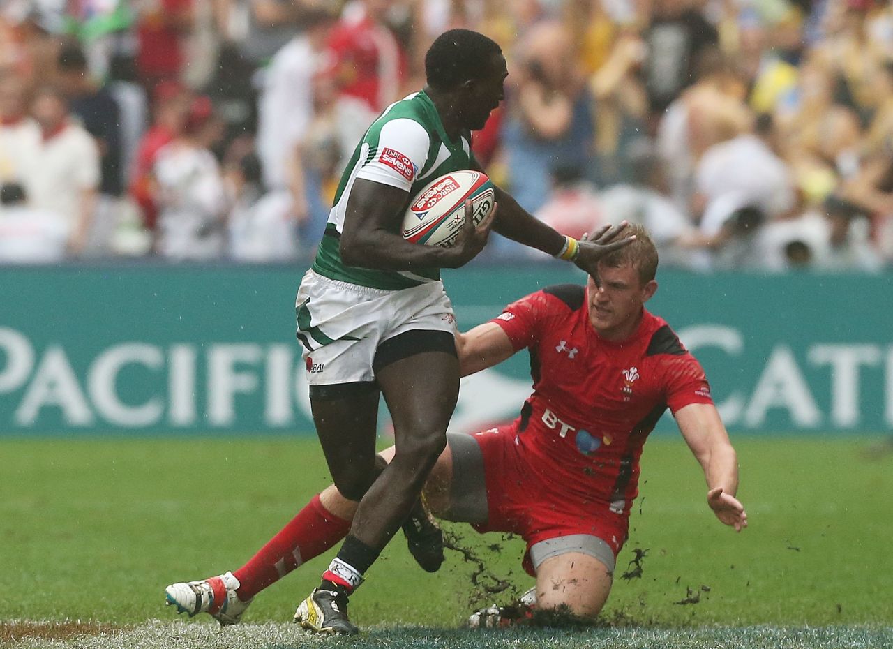 A third sibling, Michael Agevi, is also a member of the Kenya sevens team. Here he is in action against Wales at the Hong Kong Sevens in March, where Kenya won the third-tier Shield final as one of the teams that didn't qualify for the main tournament quarterfinals.<br />