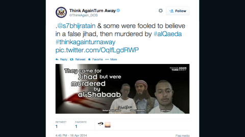 A recent tweet by the State Department directed at an Islamist in Somalia.