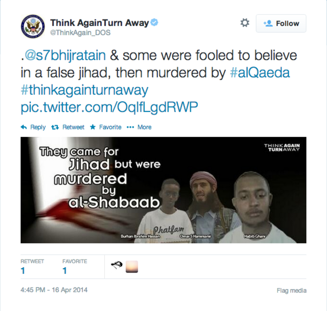 A recent tweet by the State Department directed at an Islamist in Somalia.