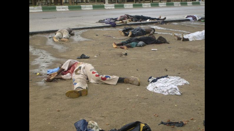 Bodies lie in the streets in Maiduguri, Nigeria, after religious clashes on July 31, 2009. Boko Haram exploded onto the national scene in 2009 when <a href="index.php?page=&url=http%3A%2F%2Fwww.cnn.com%2F2012%2F01%2F02%2Fworld%2Fafrica%2Fboko-haram-nigeria%2Findex.html">700 people were killed </a>in widespread clashes across the north between the group and the Nigerian military. 