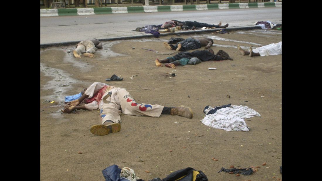 Bodies lie in the streets in Maiduguri, Nigeria, after religious clashes on July 31, 2009. Boko Haram exploded onto the national scene in 2009 when <a href="http://www.cnn.com/2012/01/02/world/africa/boko-haram-nigeria/index.html">700 people were killed </a>in widespread clashes across the north between the group and the Nigerian military. 