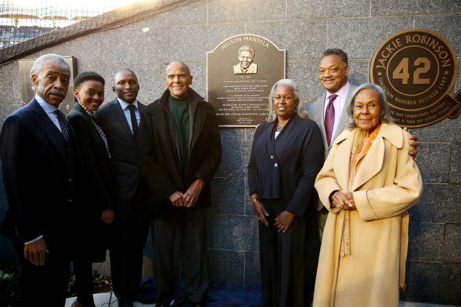 Special guests at the unveiling of the plaque included (left to right) the Rev. Al Sharpton, Lindo Mandela, Zondwa Mandela, Harry Belafonte, Sharon Robinson, the Rev. Jesse Jackson and Rachel Robinson, wife of the late baseball great Jackie Robinson.