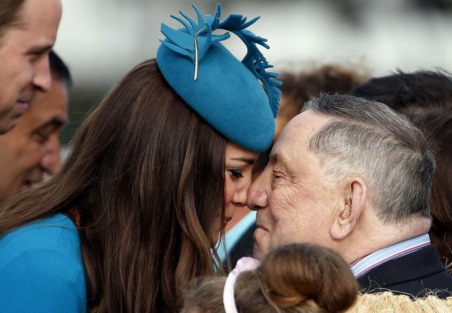 Catherine, Duchess of Cambridge, receives a "hongi," a traditional Maori greeting, from David Ellison during a welcoming ceremony Sunday, April 13, in Dunedin, New Zealand. Catherine and Prince William, Duke of Cambridge, are on a <a href="http://www.cnn.com/2014/04/06/world/gallery/royal-tour-new-zealand-australia/index.html">three-week tour of New Zealand and Australia</a> with their son, 8-month-old Prince George.