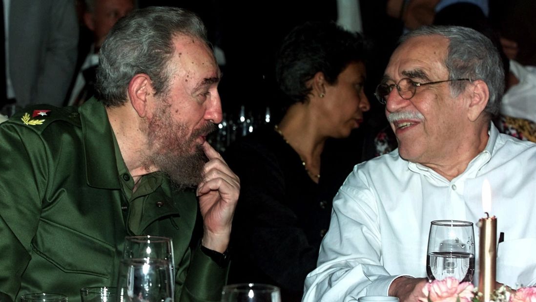Cuban leader Fidel Castro speaks with García Márquez at the annual cigar festival in Havana in 2000. The author was a vocal leftist and defender of Castro's Cuba.