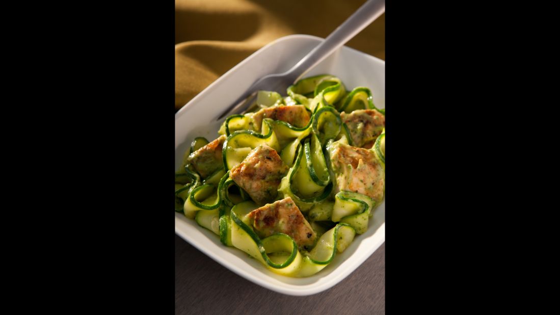 Using thinly sliced zucchini in place of pasta cuts out carbs for a fantastic "skinny" meal. 