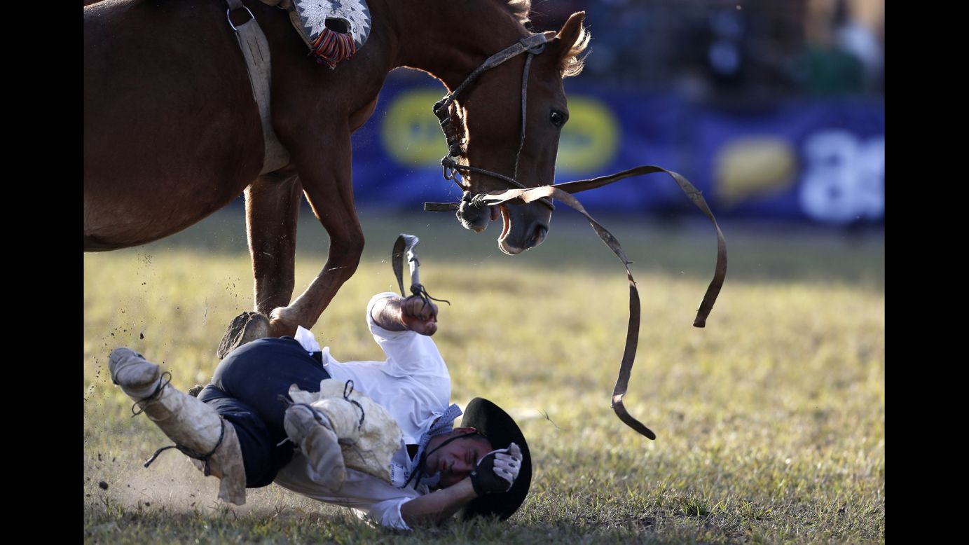 A gaucho is unseated by a wild horse Tuesday, April 15, during the annual Criolla Week celebrations in Montevideo, Uruguay.
