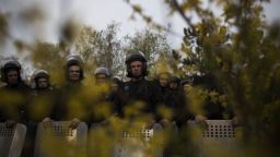 Ukranian riot police officers stand guard during a pro-Ukrainian demonstration in Donetsk on April 17.