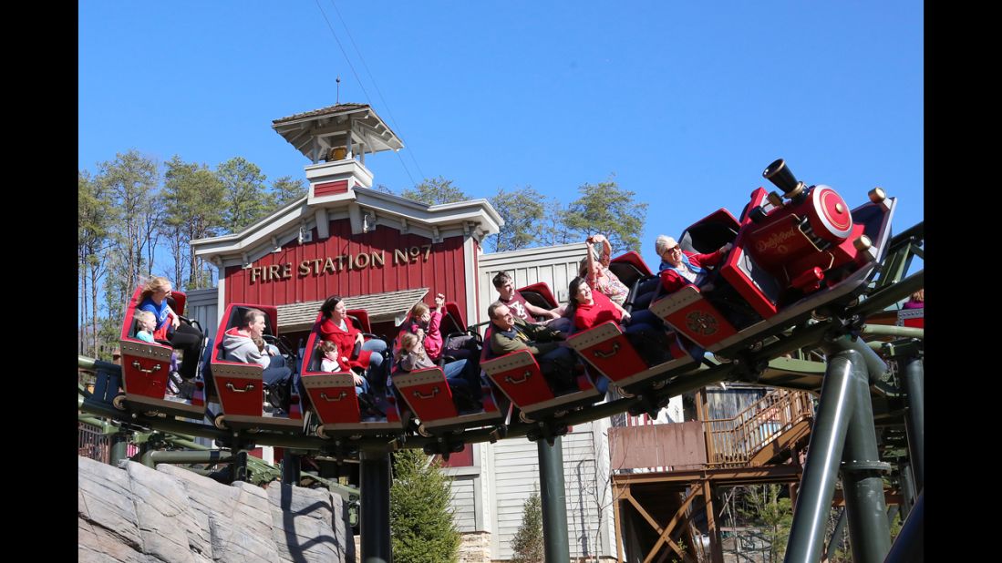 The FireChaser Express at Dollywood in Pigeon Forge, Tennessee, is a family ride that includes explosions and fireworks.