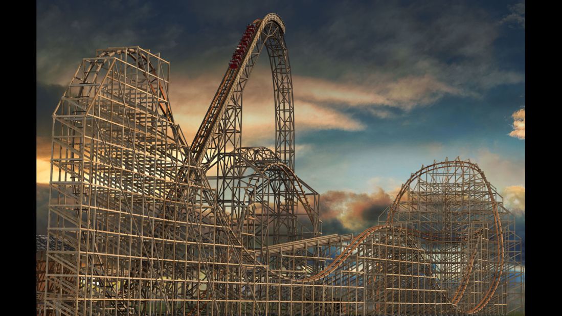 Goliath at Six Flags Great America in Gurnee, Illinois, will be the world's fastest wooden coaster with the tallest and steepest drop. The coaster, seen here in a rendering, is set to open in May.