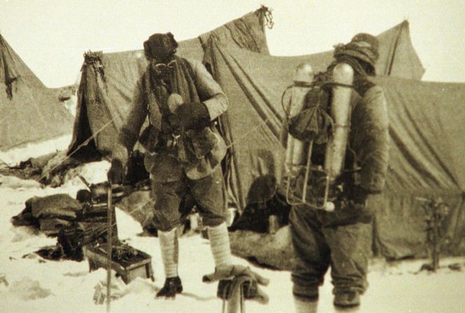 <strong>1924: First attempts -- </strong>Mallory returned to Everest in June 1924 with climbing partner Andrew Irvine. This is the last photo of the two before they <a href="index.php?page=&url=https%3A%2F%2Fwww.britannica.com%2Fbiography%2FGeorge-Mallory" target="_blank" target="_blank">disappeared on the mountain</a>. Mallory's body was found 75 years later, showing signs of a fatal fall. 