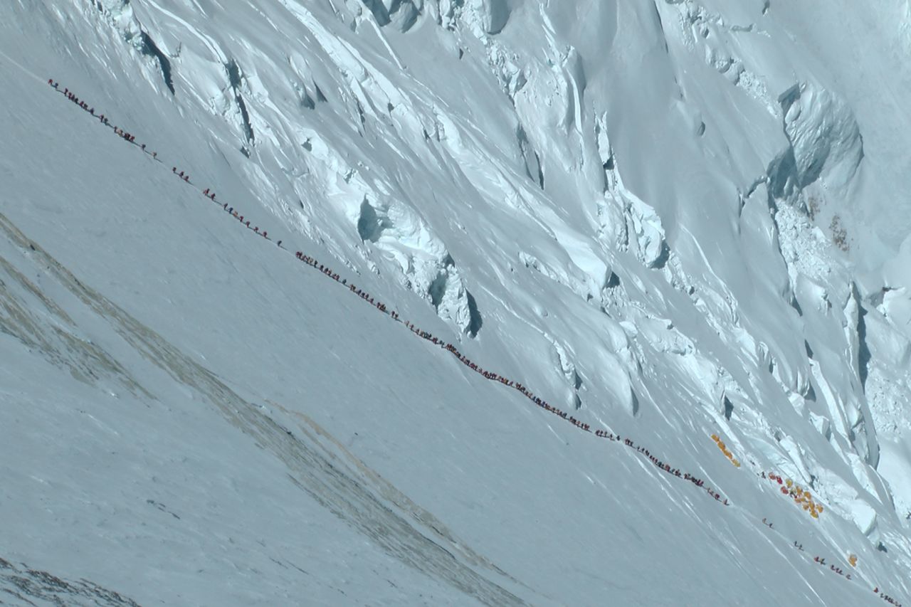 Mountaineer Ralf Dujmovits took this image of a long line of climbers heading up Everest in May 2012. 