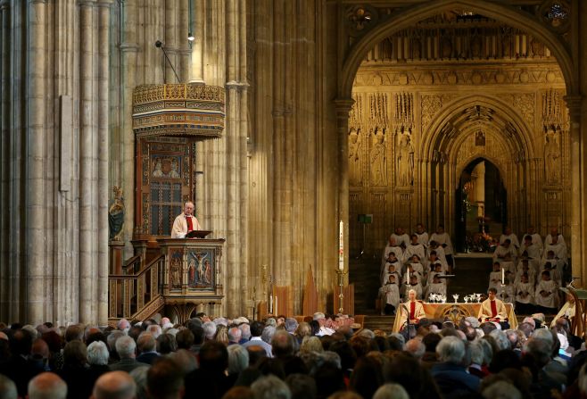 Archbishop of Canterbury Justin Welby delivers his sermon during the Easter service at Canterbury Cathedral in Kent, England.