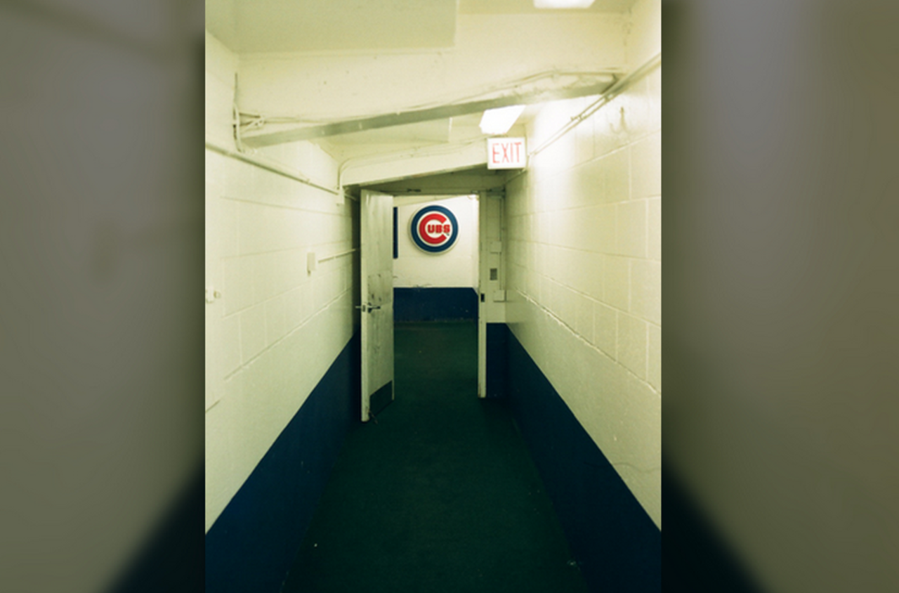 This is a behind-the-scenes photo of the hallway leading to the Cubs locker room.