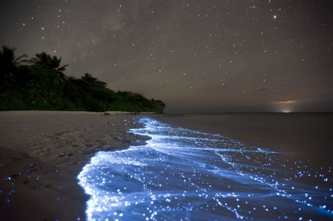 Bio-luminescence in the tide makes walking along the beach on Vaadhoo Island in the Maldives especially magical. The light is emitted from tiny plankton in the water.
